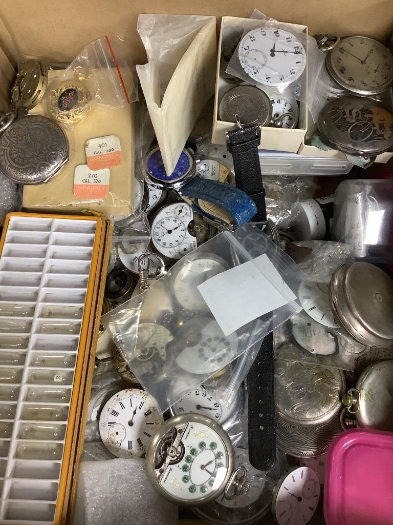 A large quantity of assorted pocket watch movements, accessories and parts.